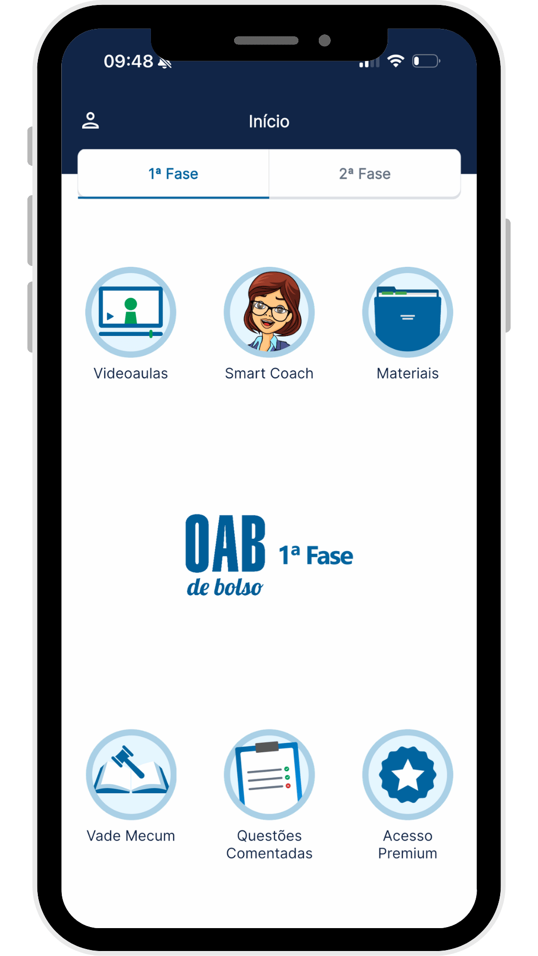 Tela inicial do app com acesso a videoaulas, Smart Coach, materiais e Vade Mecum