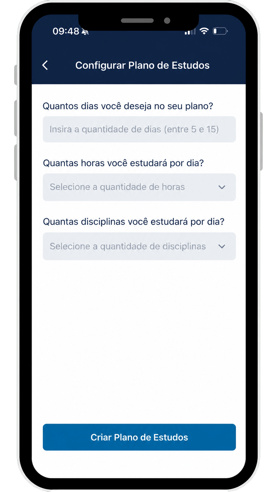 Tela de configuração do plano: quantidade de dias, horas por dia e disciplinas por dia